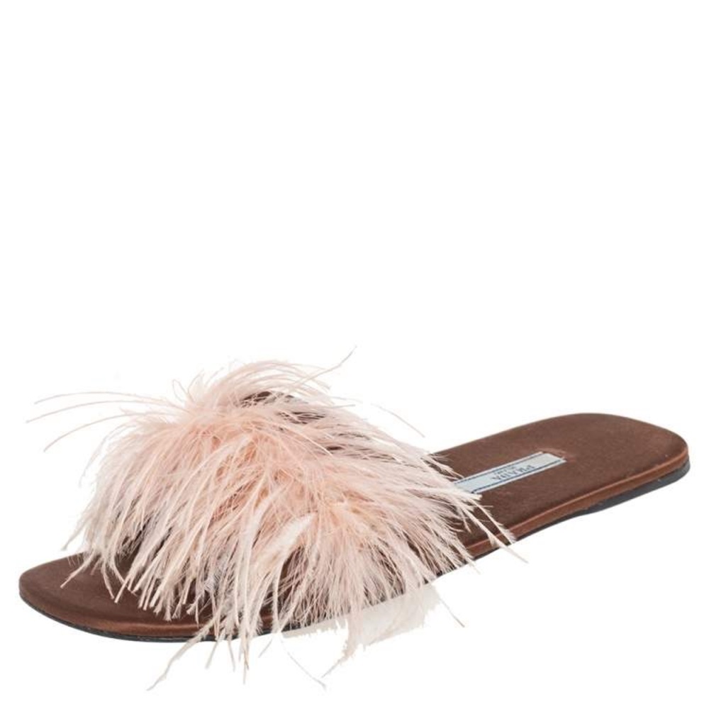 PRADA 🩷 Brown Satin Slide Sandal with Pink Feathers Size 38